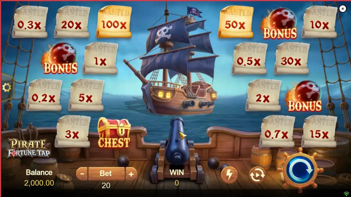 Tampilan antarmuka permainan Pirate Fortune Tap dengan latar belakang kapal bajak laut dan target tembak.