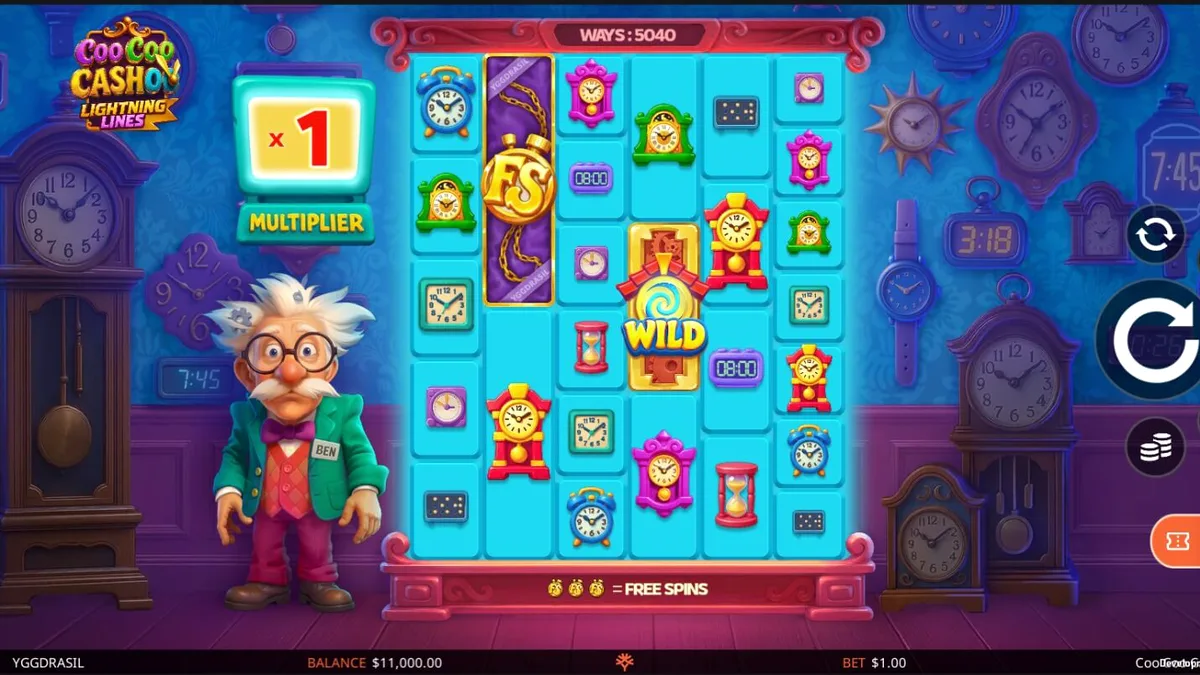 Tampilan visual slot Coo Coo Cashoo dengan tema toko jam eksentrik